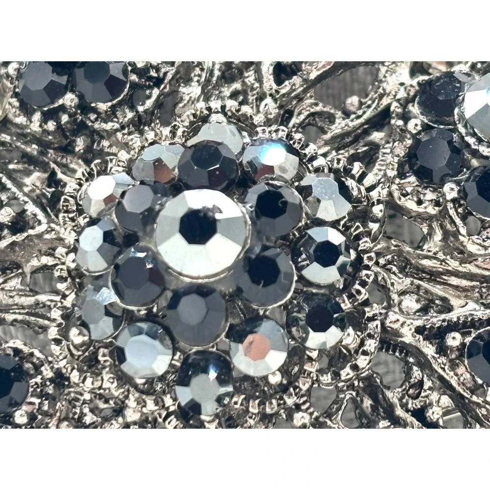 Vintage‎ Silver Tone Floral Brooch Hematite Gray Rhinestone Pin 2